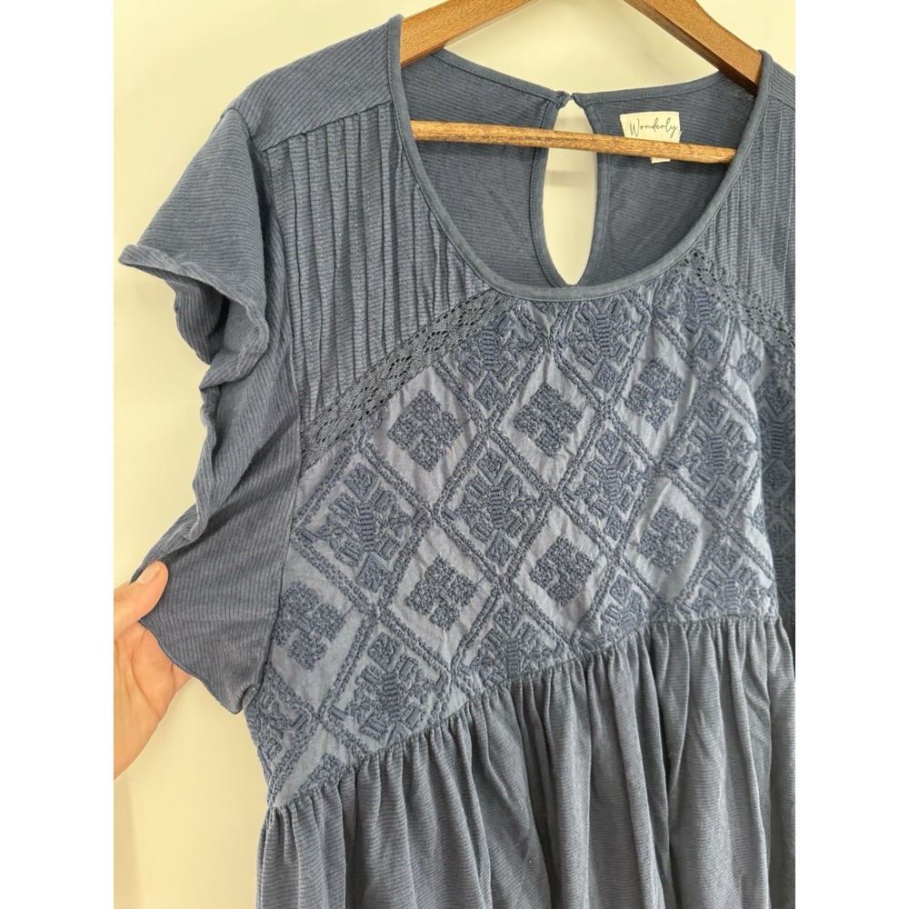 Wonderly Blue Embroidered Top Flutter Sleeve Tunic Cottagecore Boho Flowy 1X - Picture 2 of 7